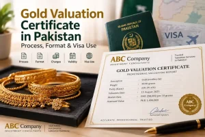 Gold valuation certificate in Pakistan with jewellery and visa documents