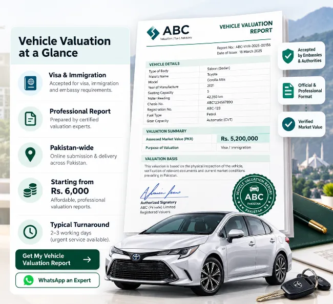 vehicle-valuation-certificate-pakistan Vehicle valuation report in Pakistan showing vehicle details and assessed market value